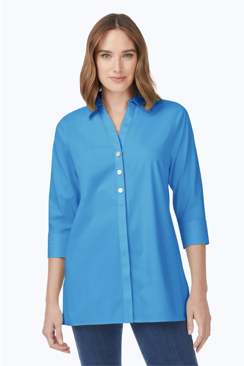 Foxcroft Pamela Essential Non-Iron Stretch Tunic in Blue Breeze - Mildred Hoit