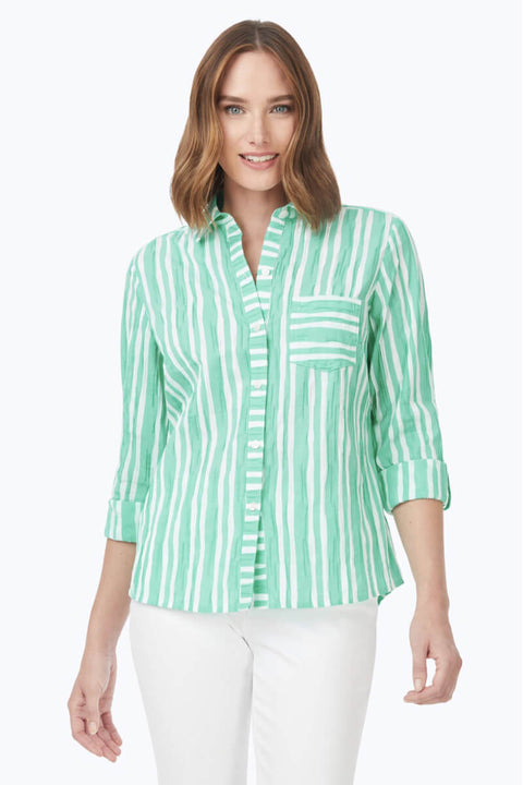 Foxcroft Hampton Beach Stripe Shirt in Sea Mist available at Mildred Hoit in Palm Beach.