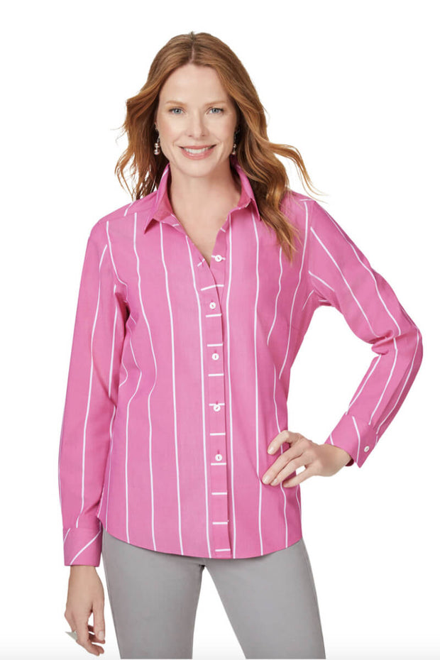 Foxcroft Ava Striped Blouse in Rose Red available at Mildred Hoit in Palm Beach.