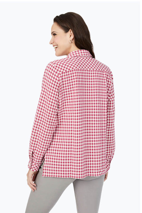 Back of Foxcroft Gingham Check Stretch Shirt available at Mildred Hoit.