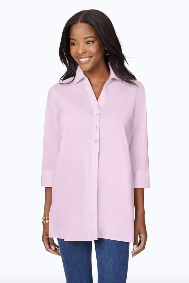 Foxcroft Pamela Essential Stretch Non-Iron Tunic in Pink Whisper available at Mildred Hoit in Palm Beach.