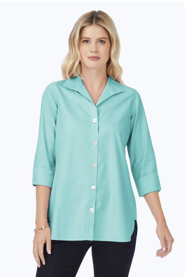 Foxcroft Pandora 3/4 Sleeve Blouse in Oceanside available at Mildred Hoit in Palm Beach.