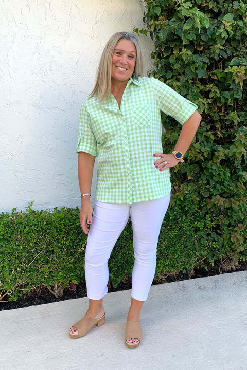 Foxcroft White and Gingham Blouse available at Mildred Hoit.