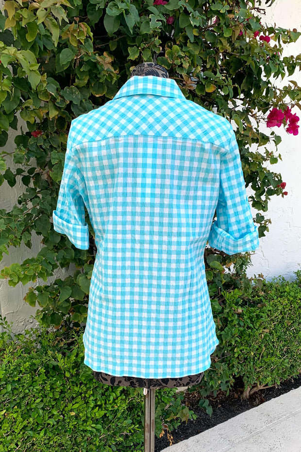 Back view of the Foxcroft Gingham Blouse in Turquoise Tide available at Mildred Hoit in Palm Beach.