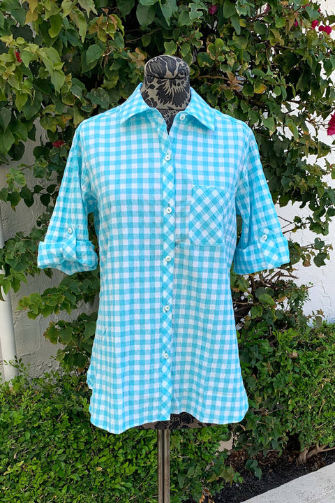 Foxcroft White and Blue Gingham Blouse available at Mildred Hoit Palm Beach.