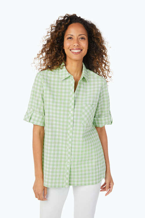 Foxcroft Green and White Gingham Blouse available at Mildred Hoit.