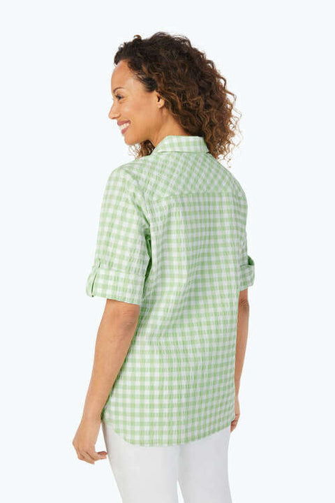 Back View - Foxcroft Green and White Gingham Blouse available at Mildred Hoit.