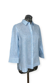 Foxcroft Striped Linen Blouse in Blue Breeze available at Mildred Hoit in Palm Beach.