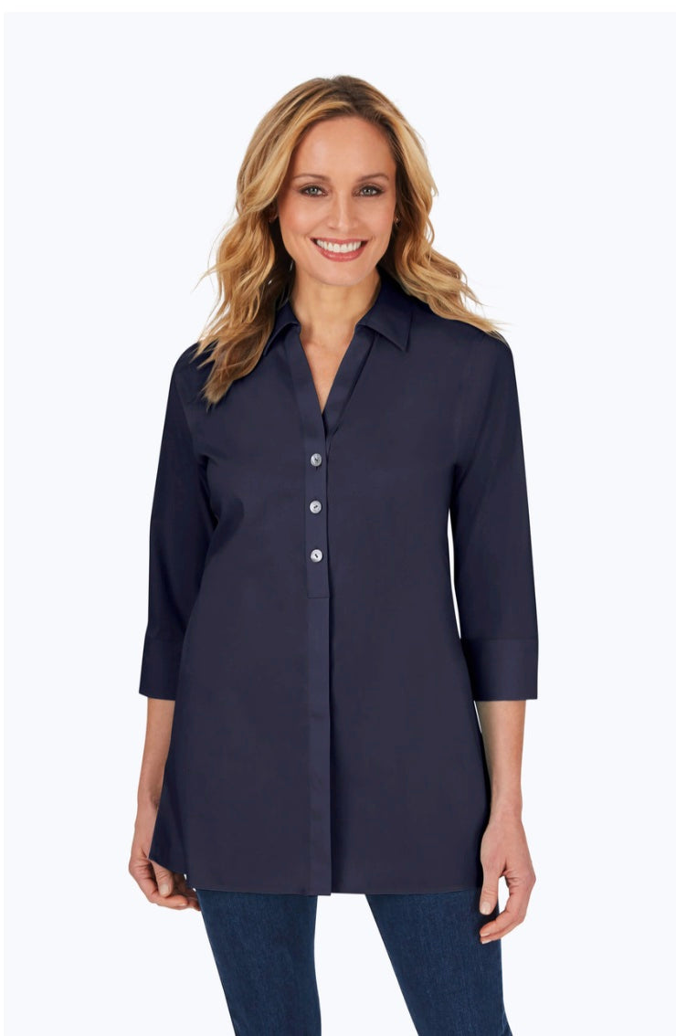 Foxcroft Pamela Stretch Non-Iron Tunic - Navy - Mildred Hoit