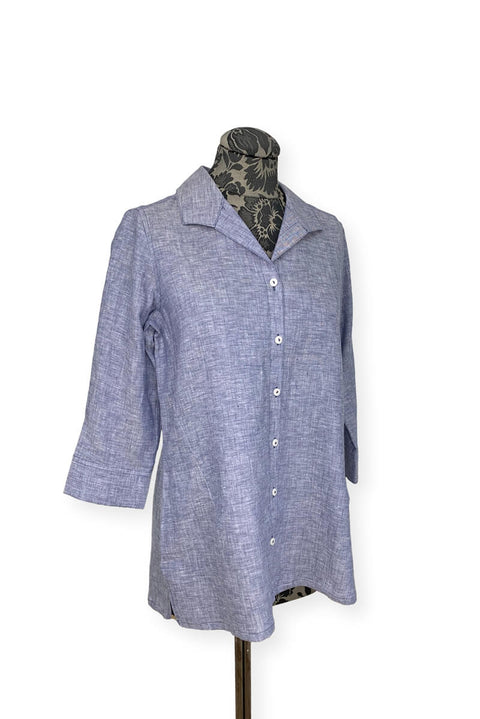Foxcroft Stirling Indigo Linen Blouse available at Mildred Hoit in Palm Beach.