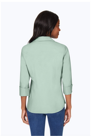 Back of the foxcroft Taylor 3/4 Sleeve Blouse in Jade Gem available at Mildred Hoit in Palm Beach.