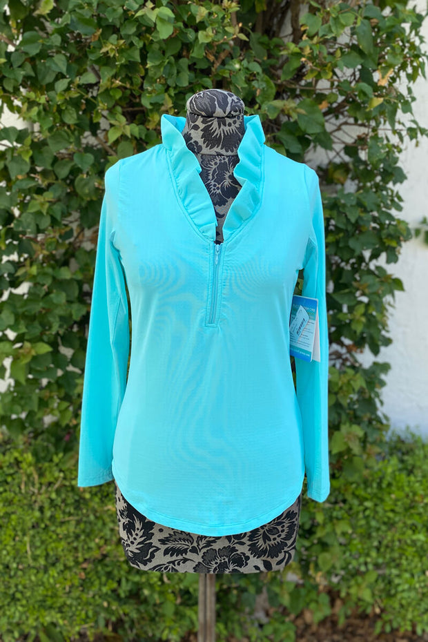 Ruffle Neck UPF 50+ Sport Shirt in Aqua available at Mildred Hoit in Palm Beach.