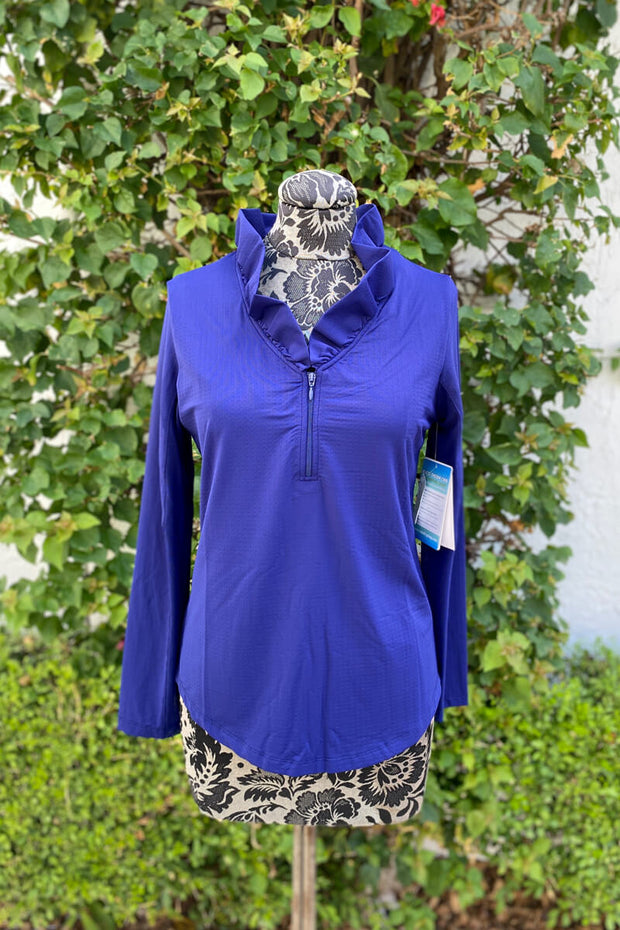 Ruffle Neck UPF 50+ Sport Shirt in Navy available at Mildred Hoit in Palm Beach.