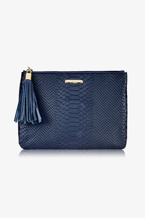Leather Clutch Bag with Tassel in Navy