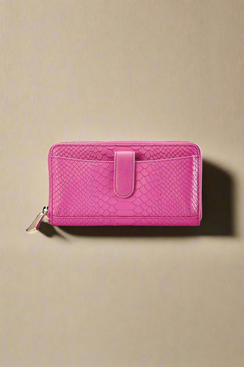 Leather Wallet with Phone compartment in Peony available at Mildred Hoit.