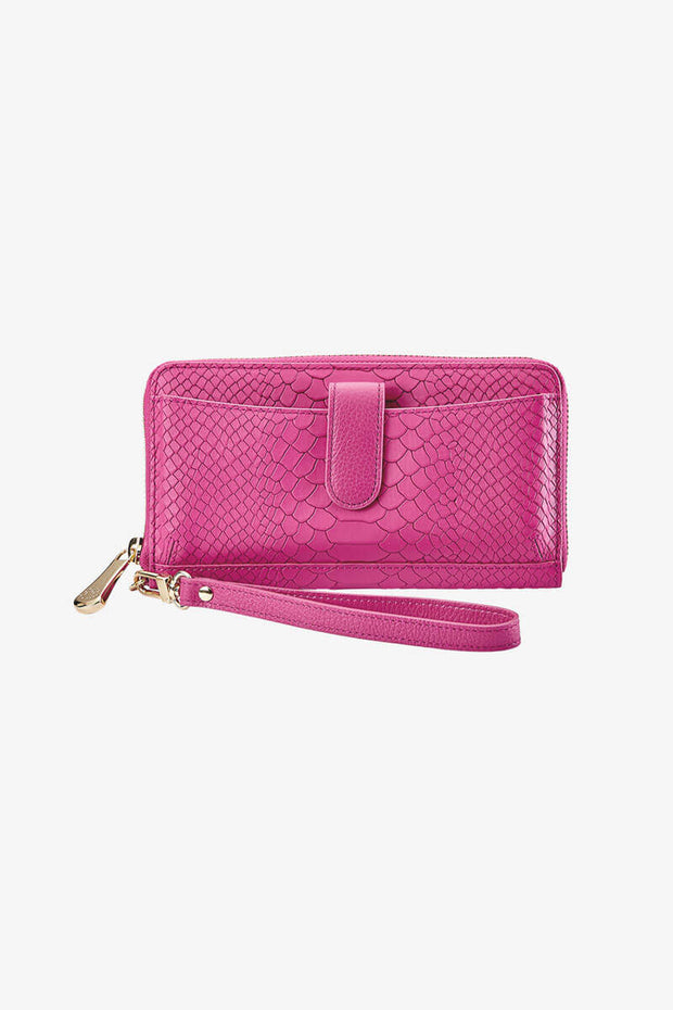 Leather Wallet with Phone compartment in Peony available at Mildred Hoit.