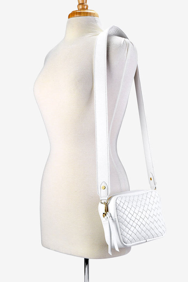 Woven Leather Crossbody available at Mildred Hoit.