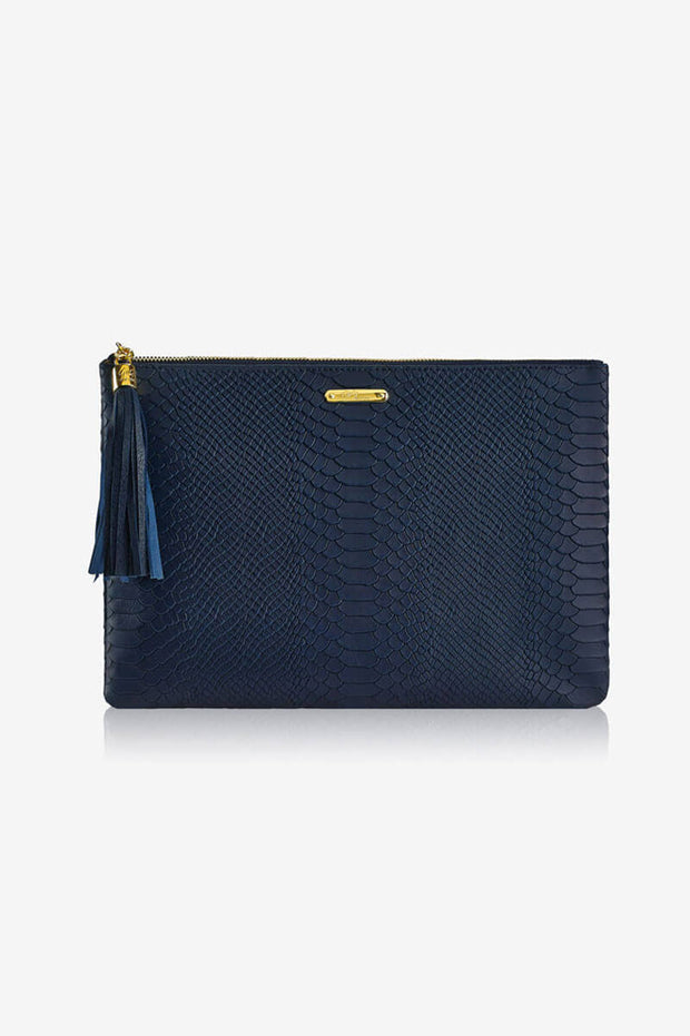 Navy Leather Uber Clutch available at Mildred Hoit.