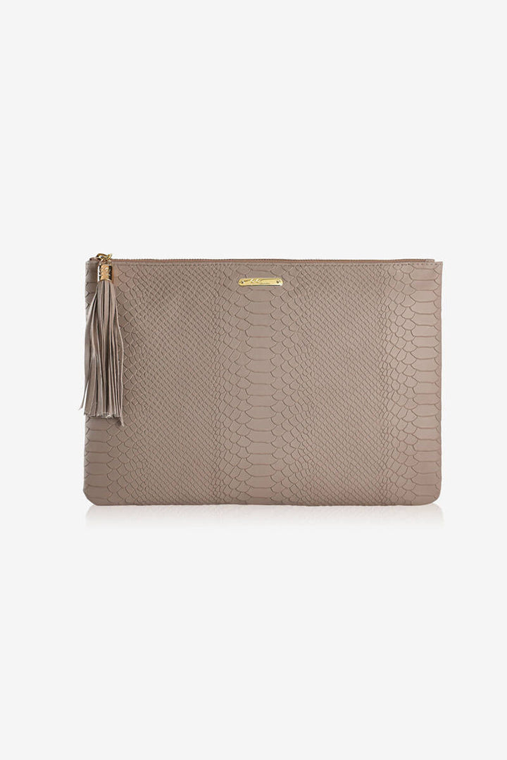 Large Beige Leather Clutch Bag available at Mildred Hoit