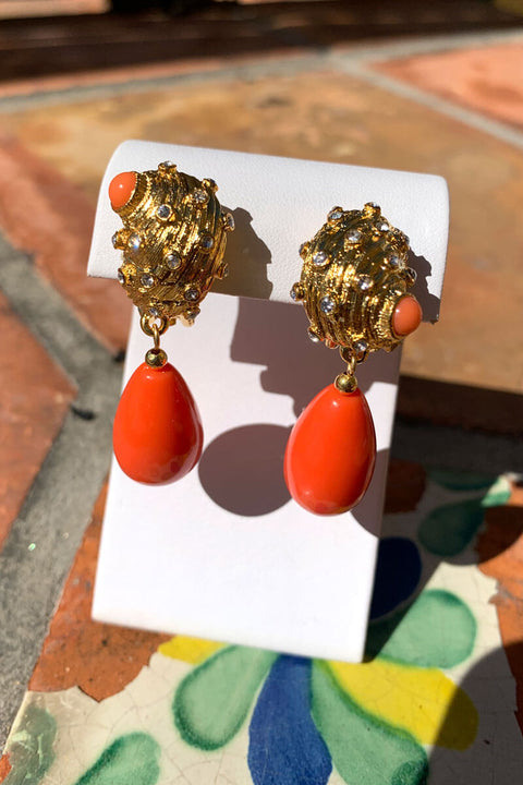 Kenneth Jay Lane Gold Seashell Earrings with Coral Drop available at Mildred Hoit in Palm Beach.