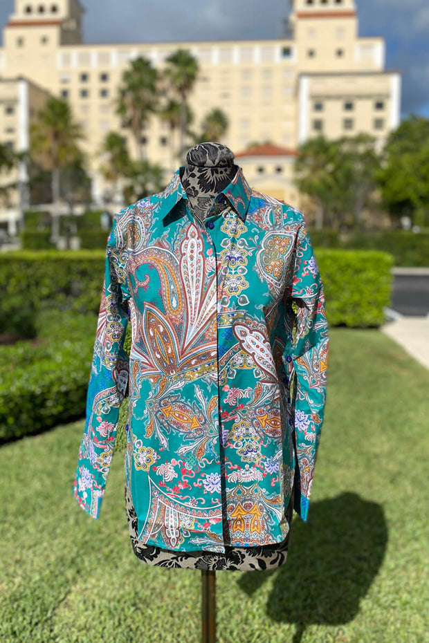 Gemma Long Sleeve Print Shirt in Teal Paisley available at Mildred Hoit in Palm Beach.