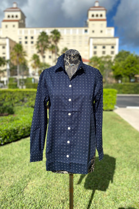 Hinson Wu Halsey Shirt in Navy with White Dots available at Mildred Hoit in Palm Beach.