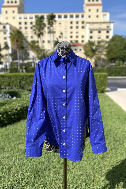 Halsey Shirt in Marine with White Dots available at Mildred Hoit in Palm Beach.