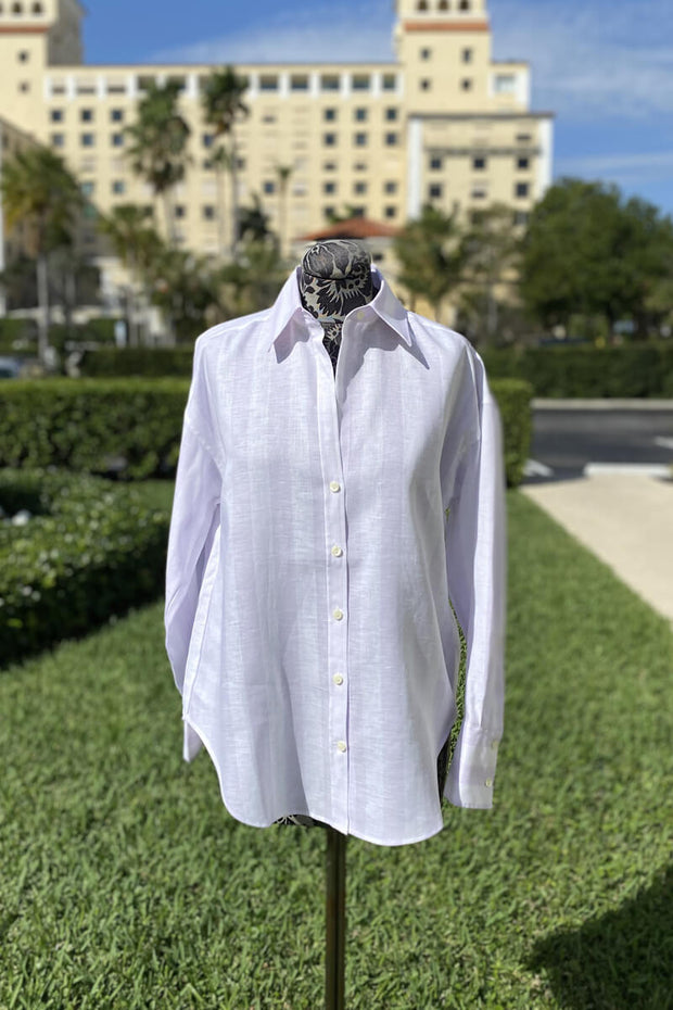 Larissa Blouse in Lilac and White available at Mildred Hoit in Palm Beach.
