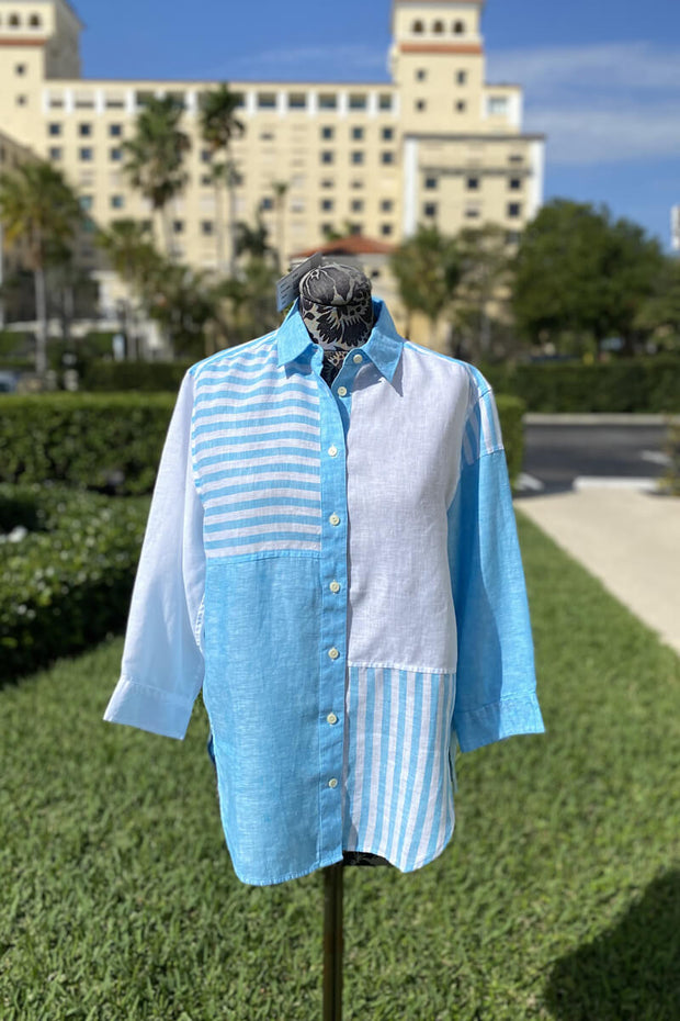 Halsey Blouse in Aqua and White available at Mildred Hoit in Palm Beach.