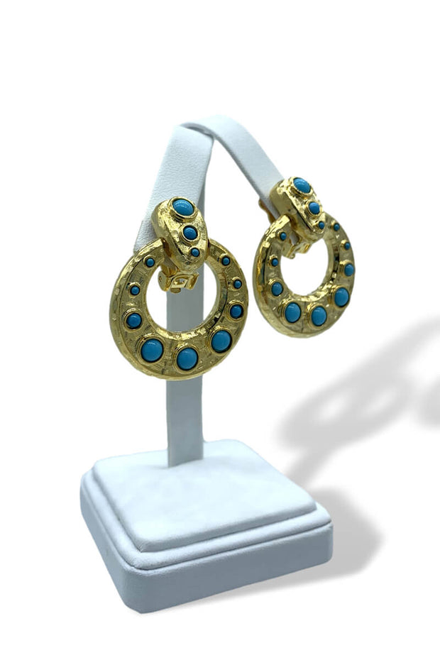 Kenneth Jay Lane Gold Doorknocker Earrings with Turquoise Cabochons