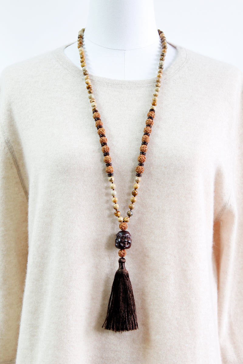 Buddha Wood Necklace with Black Tassel - Mildred Hoit