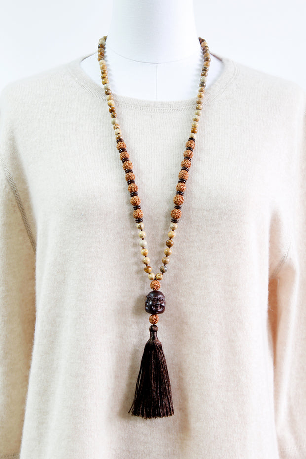 Buddha Wood Necklace with Black Tassel