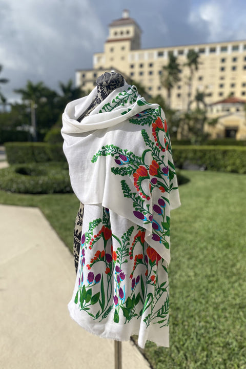 Flower Bloom Embroidered Shawl available at Mildred Hoit in Palm Beach.