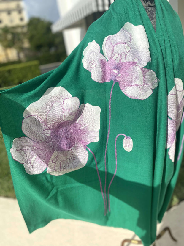 Floral Embroidered Shawl in Deep Green