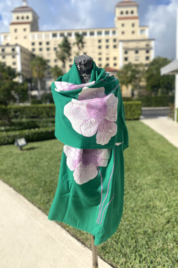 Floral Embroidered Shawl in Deep Green available at Mildred Hoit in Palm Beach.