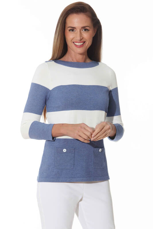 Striped Knit Sweater in Blue Stone and White available at Mildred Hoit in Palm Beach.