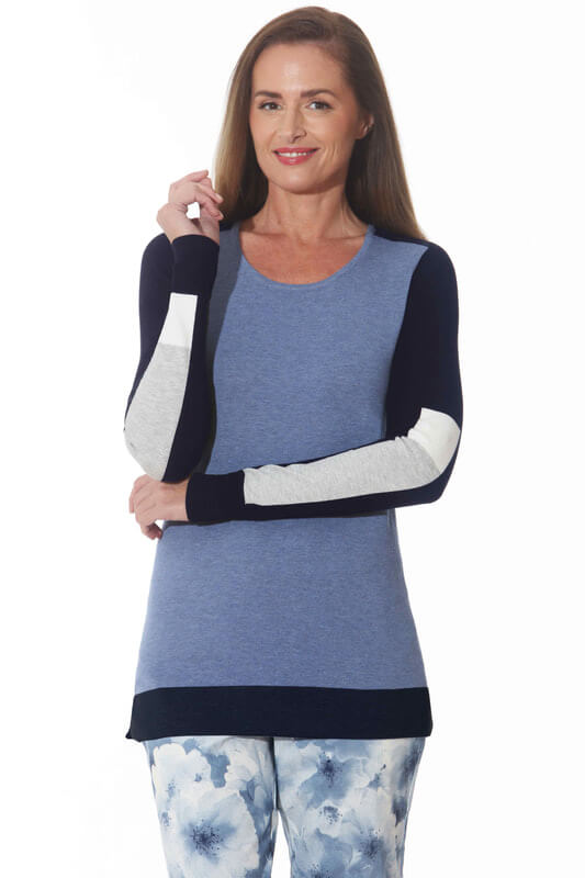 Colorblock Knit Sweater in Blue Stone available at Mildred Hoit in Palm Beach.