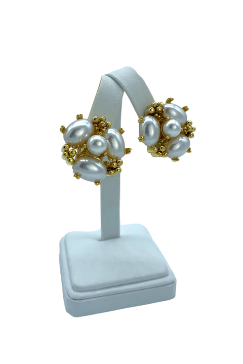 Kenneth Jay Lane Pearl and Gold Cluster Earring available at Mildred Hoit in Palm Beach.