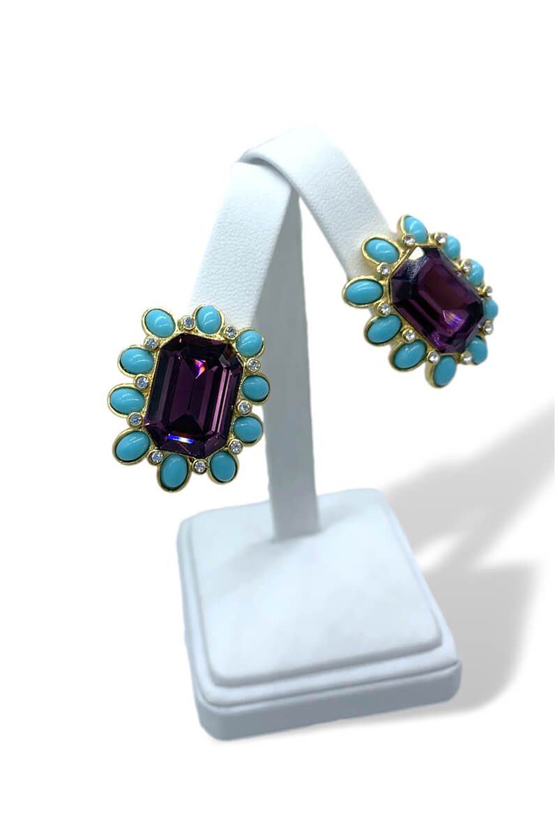 Kenneth Jay Lane Crystal and Turquoise Earring with Amethyst Center - Mildred Hoit