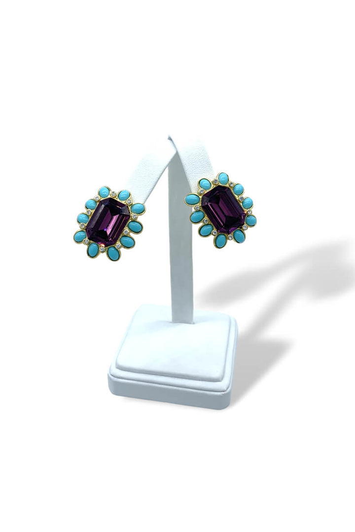 Kenneth Jay Lane Crystal and Turquoise Earring with Amethyst Center - Mildred Hoit