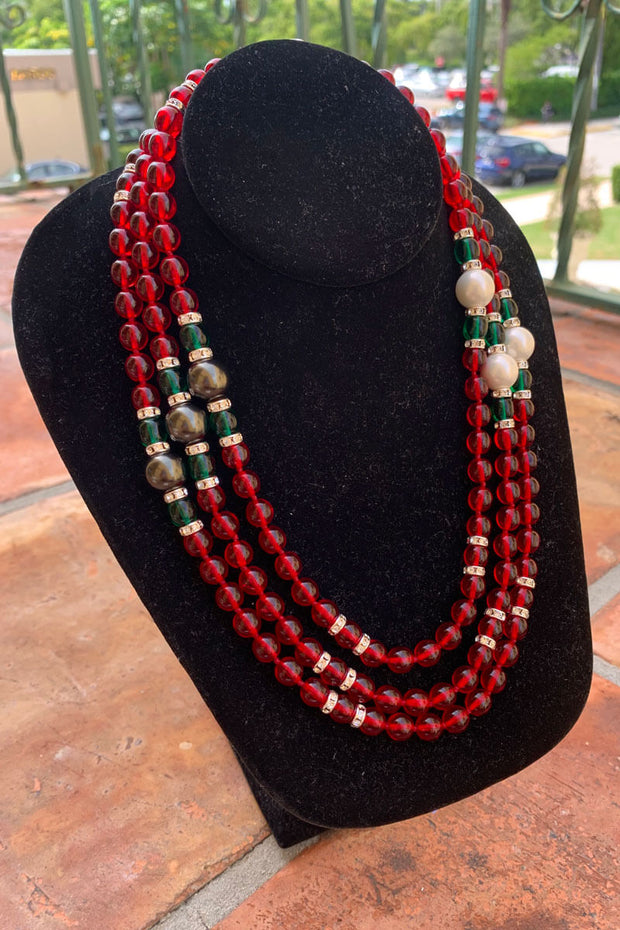 Kenneth Jay Lane Ruby Beads with Silver, Pearl, and Crystal