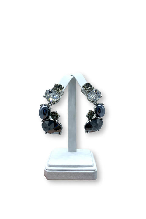 Kenneth Jay Lane Rhodium Crystal and Black Diamond Grey Pearl Drop Clip Earring available at Mildred Hoit in Palm Beach.