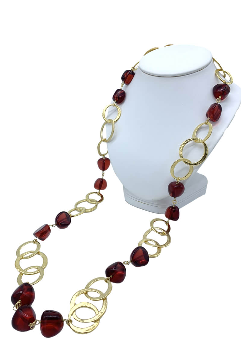 Kenneth Jay Lane Satin Gold Circle and Ruby Necklace - Mildred Hoit