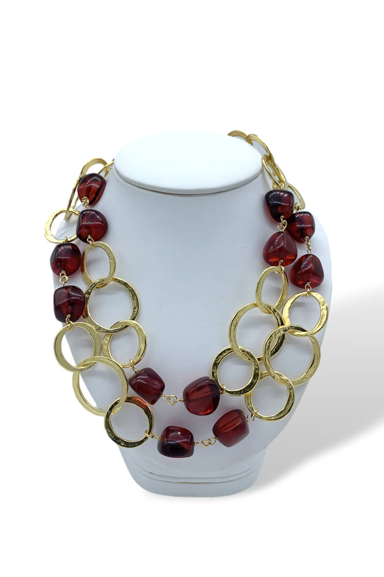 Kenneth Jay Lane Satin Gold Circle and Ruby Necklace - Mildred Hoit