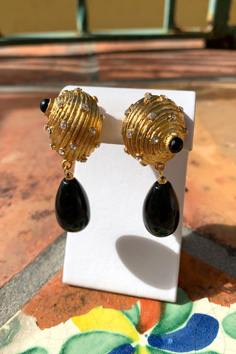 Kenneth Jay Lane Gold Shell with Black Drop Earrings