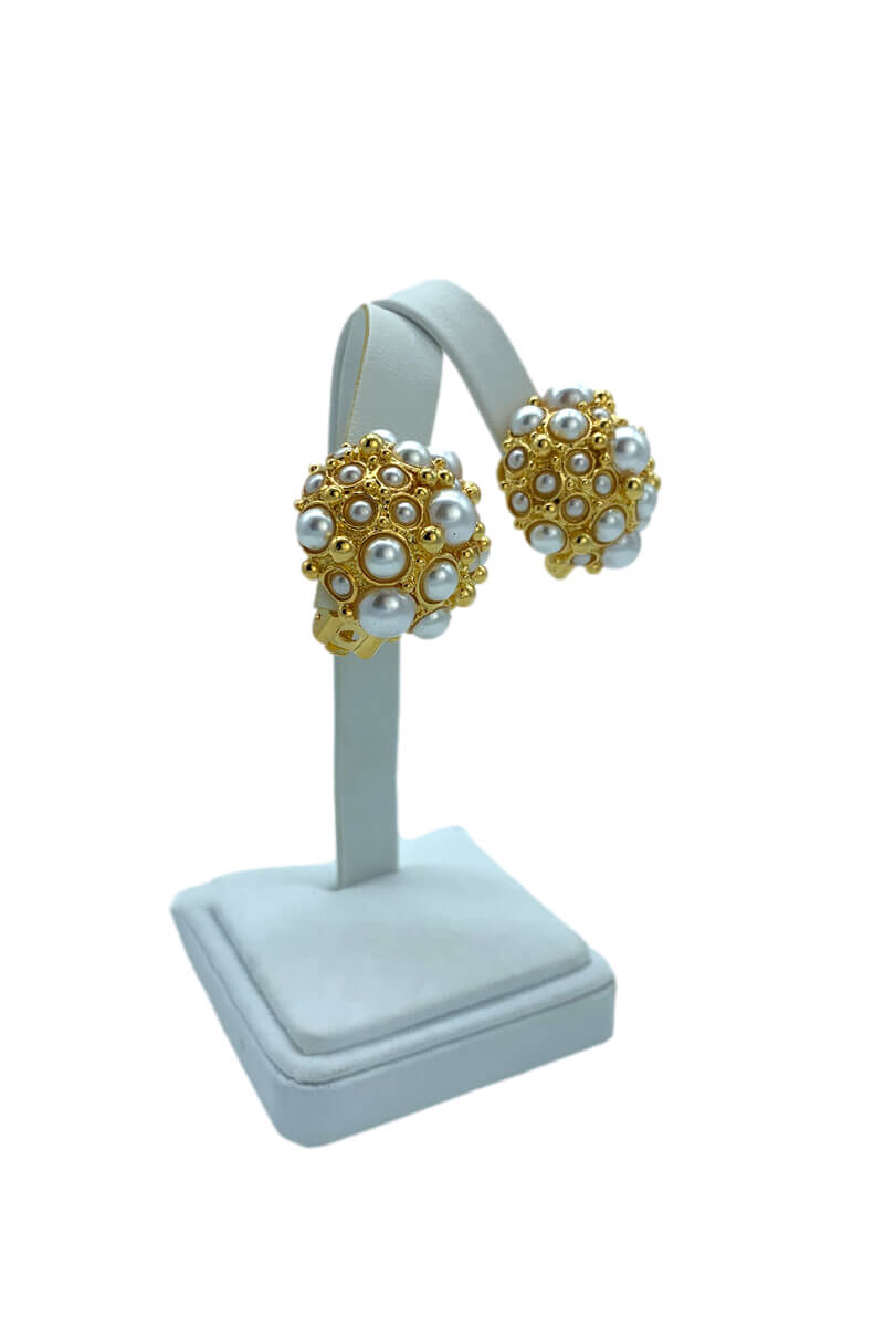 Kenneth Jay Lane Gold and Pearl Cabochon Earring available at Mildred Hoit in Palm Beach.