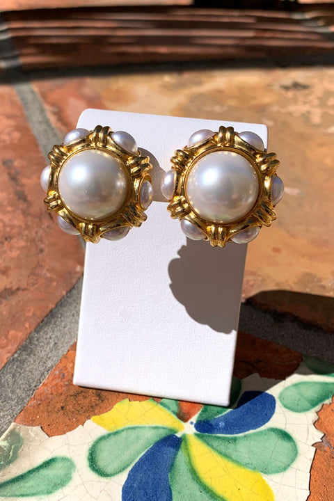 Kenneth Jay Lane Polished Gold and White Pearl Cabochon Earring