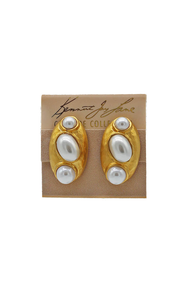 Kenneth Jay Lane Gold & Pearl Cab Earrings available at Mildred Hoit in Palm Beach.