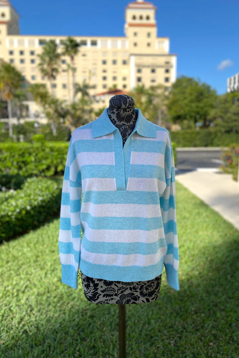 Kinross Easy Stripe Polo in Surf/Bianco available at Mildred Hoit in Palm Beach.