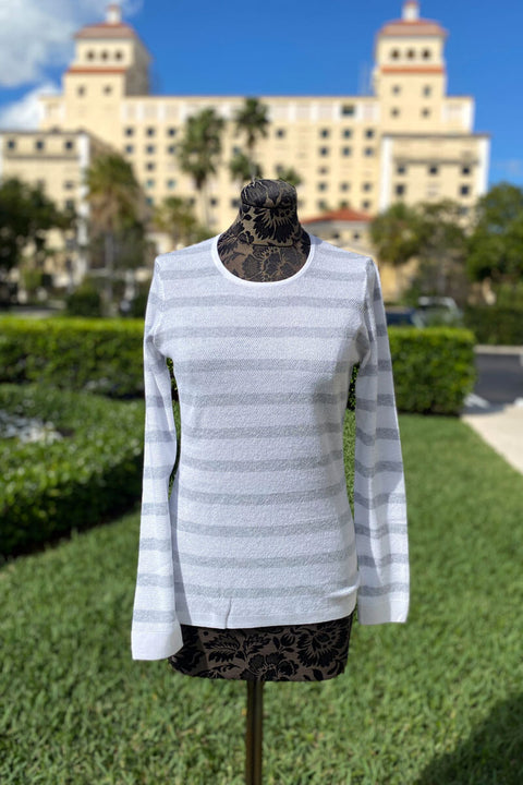 Kinross Grey Thermal Stripe Crew available at Mildred Hoit. 